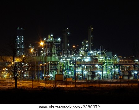 night oil refinery,  night scene, light and oil refinery construction,