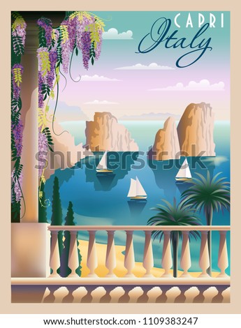 Sunny summer day in Italy. Handmade drawing vector illustration. Art deco style. Can be used for posters, banners, postcards, books & etc.