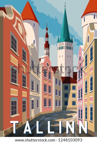 Summer day in Tallinn, Estonia. Handmade drawing vector illustration. Retro style poster.