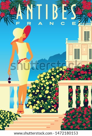 Woman on vacation on French Riviera coast. Vintage poster. Handmade drawing vector illustration. Art Deco style. Сток-фото © 