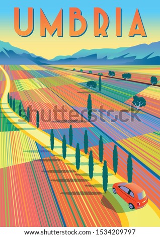 Romantic rural landscape in sunny day in Italy with farms, meadows, fields, trees and mountains in the background. Handmade drawing vector illustration. Flat design. Poster in the Art Deco style.