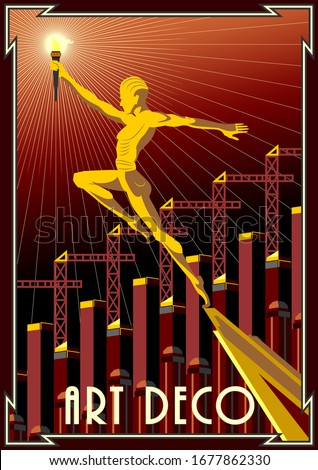 Prometheus with a torch against the background of skyscrapers and cranes. Handmade drawing vector illustration. Art deco style poster.