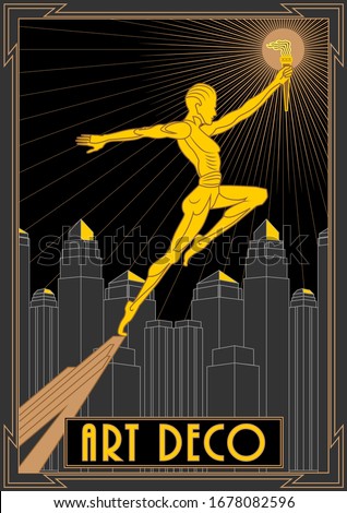 Prometheus with a torch against the background of skyscrapers. Handmade drawing vector illustration. Art deco style poster.