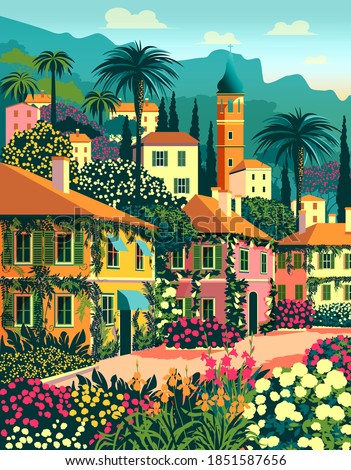 Mediterranean romantic landscape. Handmade drawing vector illustration. Retro poster. Can be used for posters, banners, postcards, books & etc.