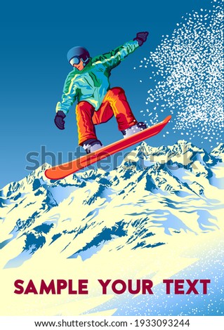 The jump of the snowboarder from the side of a mountain in the Mammoth Mountain, California. Handmade drawing vector illustration. Retro poster.