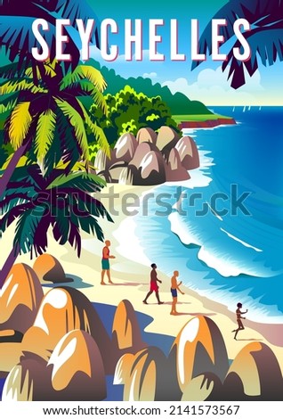 Seychelles travel poster. Beautiful landscape with beach, palms and sea in the background. Handmade drawing vector illustration.
