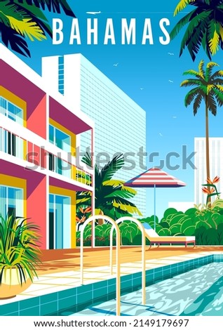 Bahamas travel poster. Beautiful landscape with houses, hotels, pool, palms and sea in the background. Handmade drawing vector illustration.