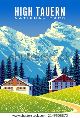 Summer countryside in Austria with traditional houses and mountains in the background. High Tauern National park poster. Handmade drawing vector illustration.