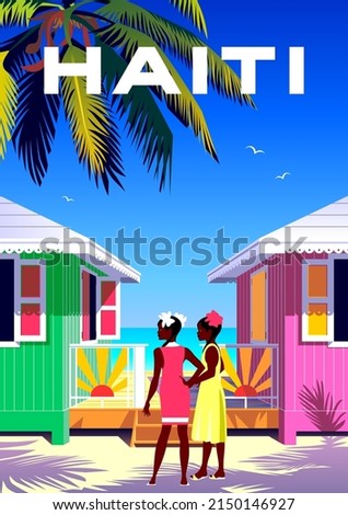 Haiti travel poster. Beautiful landscape with children, bungalows, beach, palms and sea in the background. Handmade drawing vector illustration.