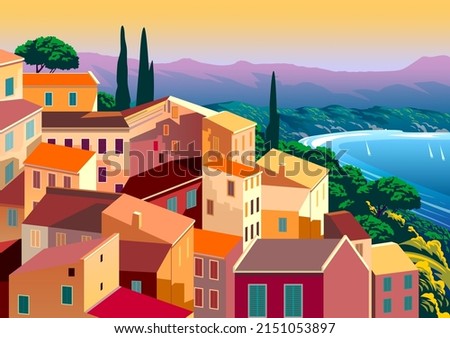 Mediterranean romantic landscape with village in the first plan, sea and mountains in the background. Handmade drawing vector illustration. Can be used for posters, banners, postcards, books  etc.