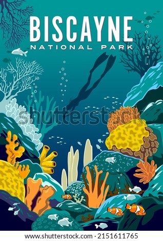 Detailed vector illustration of an underwater coral reef with fishes, diver and colorful corals in the background. Biscayne National Park travel poster. Handmade drawing vector illustration. 商業照片 © 
