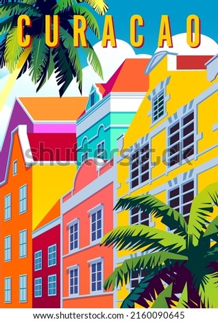 Willemstad cityscape with traditional houses and palm trees. Handmade drawing vector illustration. Curacao retro style poster