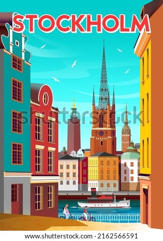 Cityscape of Stockholm with historic buildings, churches, town hall and ship on a water. Handmade drawing vector illustration. Retro style poster.