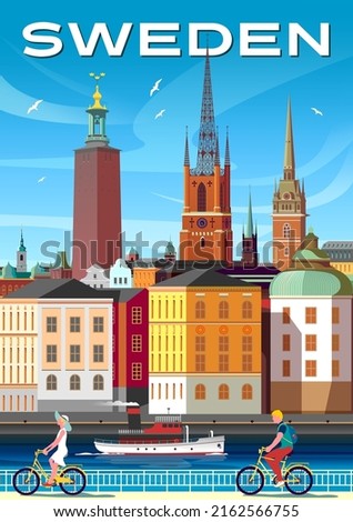 Swedish cityscape with historic buildings, churches, town hall and ship on a water. Handmade drawing vector illustration. Retro style poster.