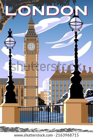 Cityscape with the waterfront in the first plan, Big Ben and the Houses of Parliament in the background. Handmade drawing vector illustration. London retro style poster design.