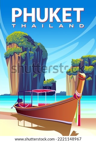Traditional boat, beach, islands and the sea in the background. Phuket travel poster. Handmade drawing vector illustration.