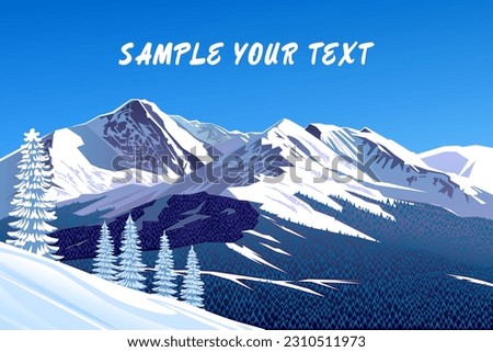 Winter landscape with rocks, skiing slopes, forest and mountains in the background. Handmade drawing vector illustration. Retro poster.