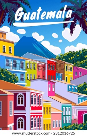 Colorful cityscape with traditional houses and palm trees. Handmade drawing vector illustration. Guatemala retro style poster