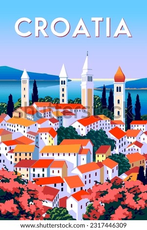 Croatia travel poster. Mediterranean romantic landscape with village in the first plan, sea and islands in the background. Handmade drawing vector illustration. 