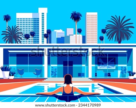 Woman in the pool at the resort on vacation. Cityscape with apartments in the first plan and skyscrapers in the background. Handmade drawing vector illustration. Pop Art style.