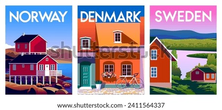 Set of travel posters. Norway, Denmark and Sweden. Handmade drawing vector illustration. 