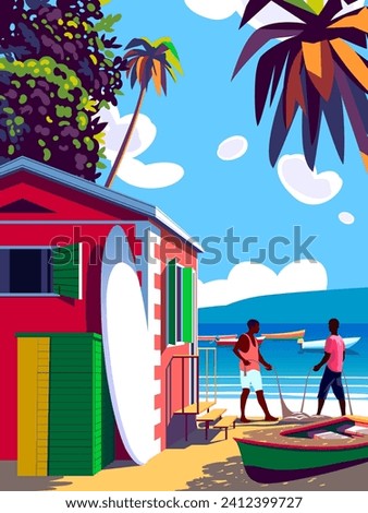 Beautiful caribbean landscape with bungalow, beach, fishermen, fishing boats, island and the sea in the background. Handmade drawing vector illustration. Retro style poster.