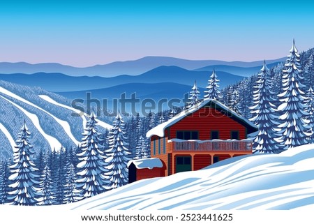 Alpine Skiing mountain resort with old traditional house in the first plan, winter forest and mountains in the background. Handmade drawing vector illustration. Can be used for brochures, books, etc.