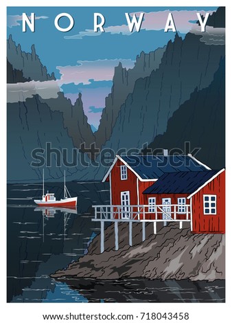 Similar – Foto Bild Skandinavische Häuser am Ufer des schmalsten Fjords in Norwegen