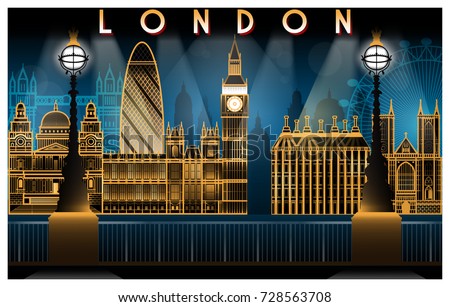 London attractions at night. Handmade drawing vector illustration. Art deco style.