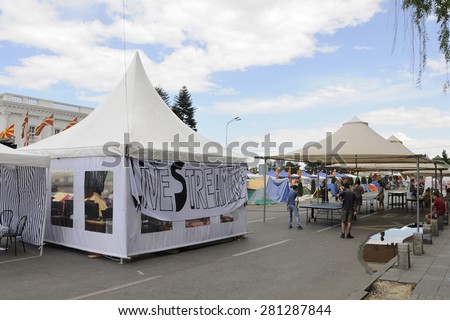 SKOPJE, MACEDONIA - MAY 25: Protesters settled a camp in front of government building demanding a resignation of Prime minister Nikola Gruevski on May 25, 2015 in Skopje, Macedonia.