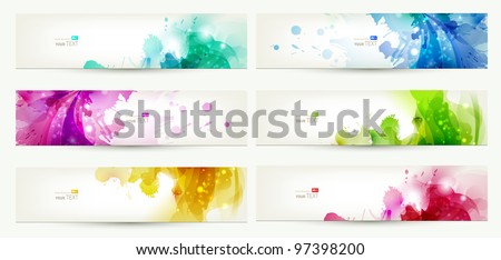 set of six  banners, abstract  headers with varicolored  blots