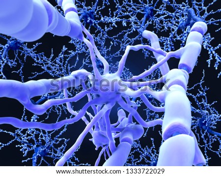 Oligodendrocyte forms insulating myelin sheaths around neuron axons in the central nervous system. Myelin increases the impulse speed and decreases the capacitance of the axon membrane. 3d rendering ストックフォト © 