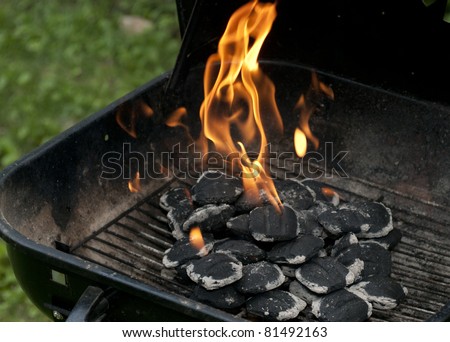 Charcoal has caught fire and is turning from black and cold to white hot and ready for cooking.