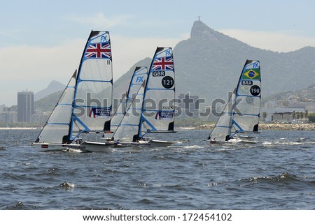 RIO DE JANEIRO, BRAZIL - JANUARY 09: Brazil Sailing Cup - Start of class 49er FX, English team, Charlotte Dobson and Sophie Ainsuworth (11) and Frances Peters and Hayling (121) on jan 09 2014 in RIO