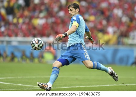 RIO DE JANEIRO, BRAZIL - June 18, 2014: Iker CASILLAS of Spain kicks the ball during the 2014 World Cup Group B game between Spain and Chile at Maracana Stadium.