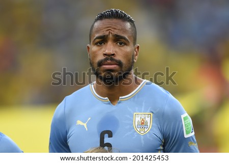 RIO DE JANEIRO, BRAZIL - June 28, 2014: Alvaro PEREIRA, during Uruguay National Anthem at the 2014 World Cup Round of 16 game between Colombia and Uruguay at Maracana Stadium.