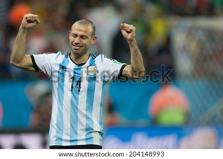 SAO PAULO, BRAZIL - July 9, 2014: Javier Mascherano celebrating victory in the 2014 World Cup semi-final match between Netherlands and Argentina in Corinthians Arena.