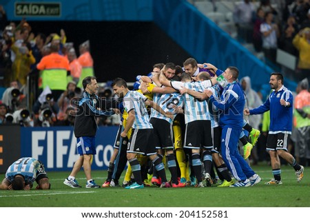 SAO PAULO, BRAZIL - July 9, 2014: Argentina team celebrating victory in the 2014 World Cup semi-final match between Netherlands and Argentina in Corinthians Arena.