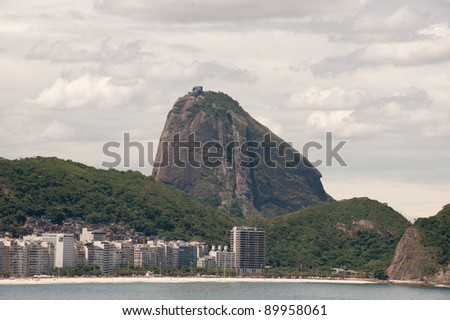 Copacabana Beach in a cloud day, with sugar loaf mountain at background