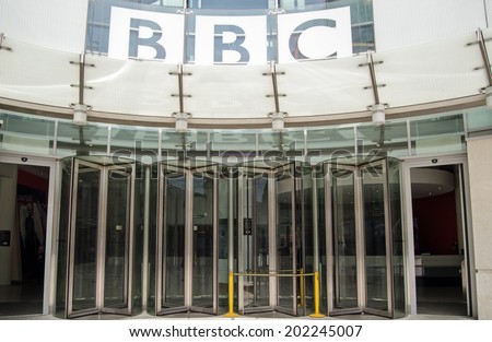 LONDON, ENGLAND - MAY 18, 2014:  Entrance to the British Broadcasting Corporation\'s headquarters at New Broadcasting House in London.  The building houses journalists and programme makers.