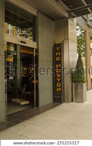 LONDON, UNITED KINGDOM - AUGUST 30, 2014:  Entrance to the trendy boutique hotel The Hoxton in a fashionable part of Hackney in London\'s East End.