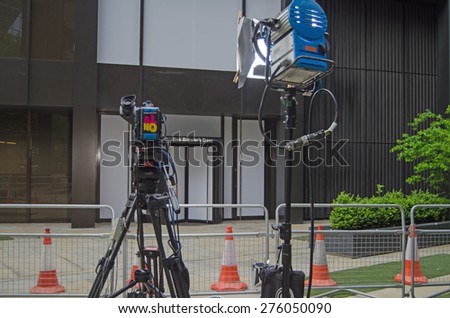 LONDON, UK - MAY 7, 2015:  Television broadcasting equipment outside the entrance to the Labour Party\'s headquarters in Westminster, London on the day of the general election.