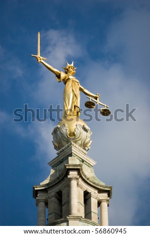 Justice statue, Old Bailey The gilded allegorical statue of Justice at the Old Bailey, the Central Criminal Court for England and Wales.  City of London.