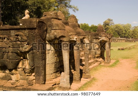 Ancient stone terrace designed to watch parades of elephants.  Ancient Khmer city of Angkor Thom, near Siem Reap, Cambodia.