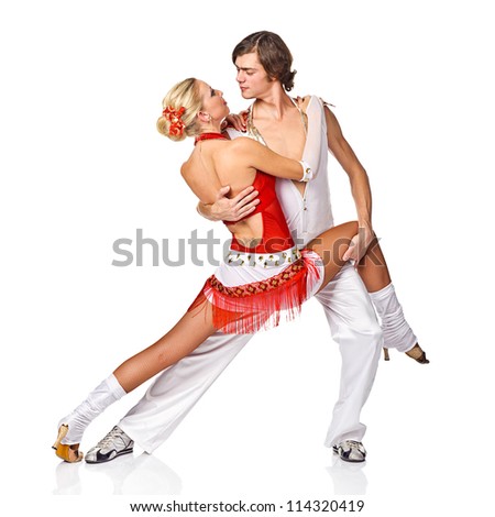 sensual salsa dancing couple. Isolated on white background
