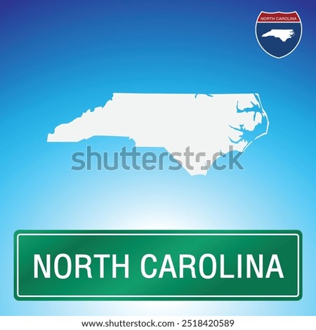 A simple road sign for North Carolina with a map of the state in the background. The sign is green with white lettering, and the map is white with a blue gradient background.