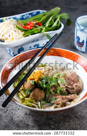 Thai style street food :Noodle soup with beef