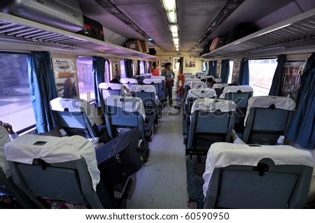 NEW DELHI, INDIA - 25 OCTOBER: Interior of Shatabdi Express Train on its way from New Delhi to Amritsar on October 25, 2009. The Shatabdis are the most luxurious and the fastest trains in India.