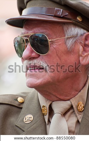 PRAGUE, CZECH REP. - 29 APRIL: Picture of an American veteran dressed in American uniform of World War Two on April 29, 2011. It´s part of reenactment event - fall of German army in Czech during WWII.