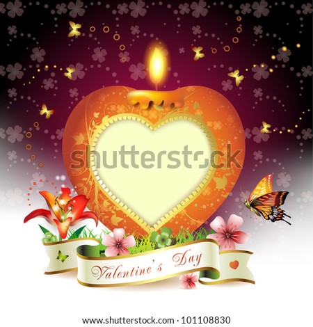 Valentine\'s day card. Red elegant candle with heart shape, gold decorations, flowers, ribbon and space for text